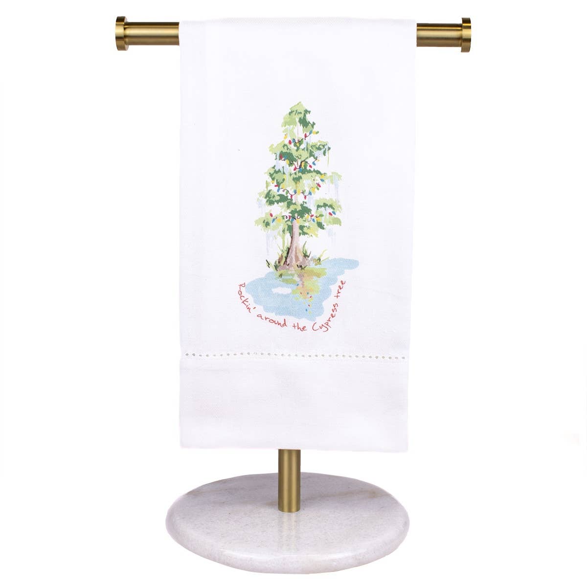 Rockin' Around the Cypress Tree Hemstitch Hand Towel White/Multi 20x28