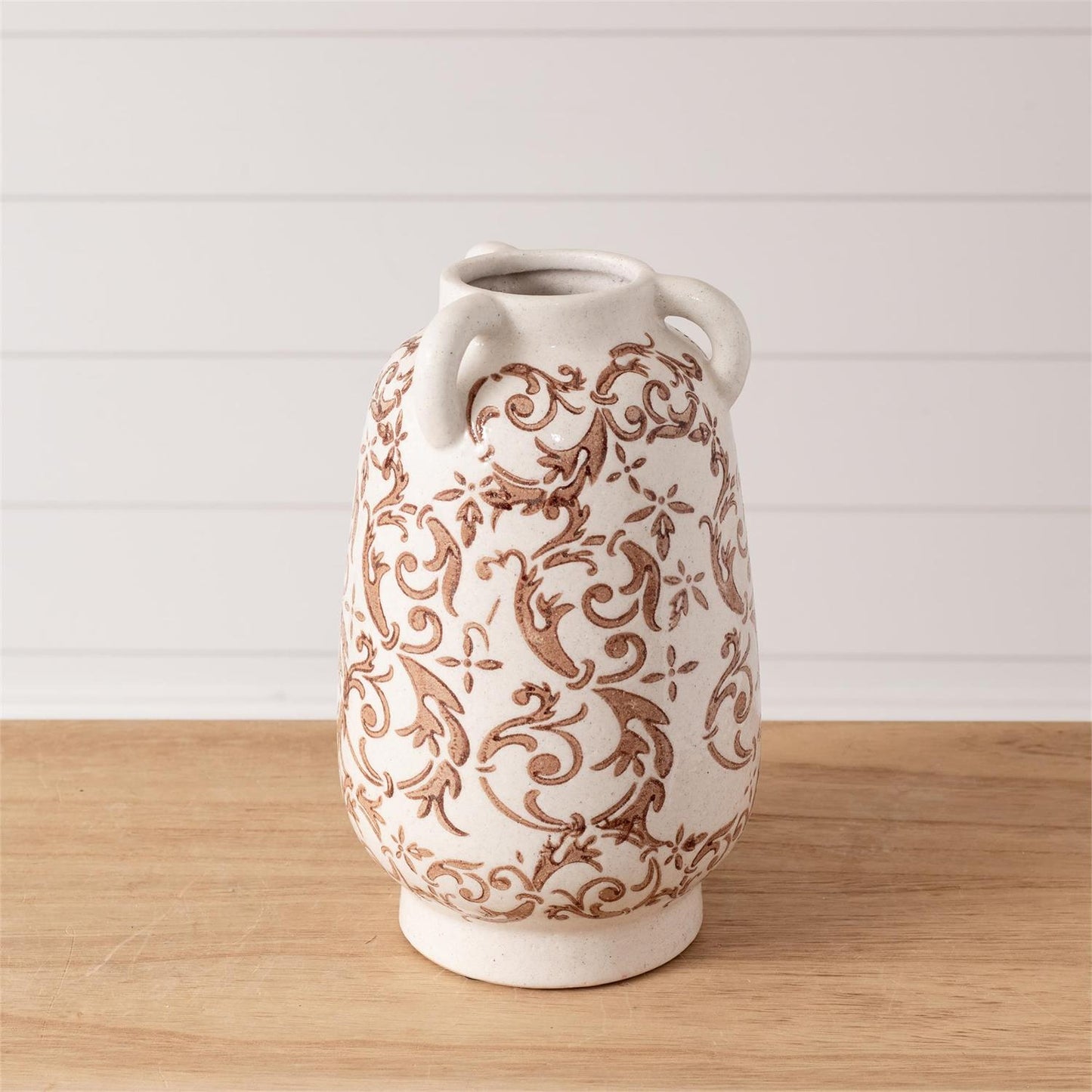 TAN FLORAL VASE, TALL