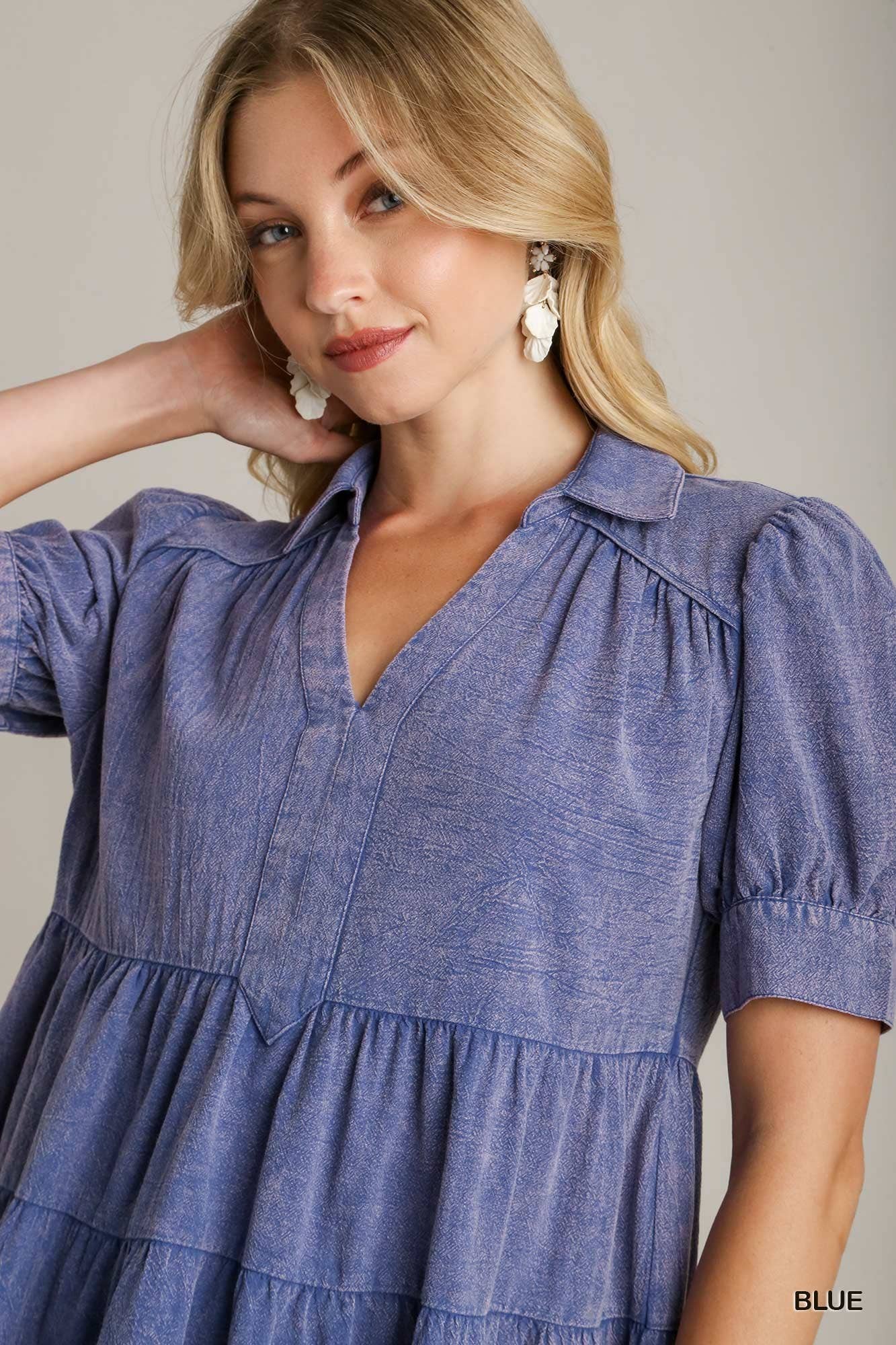 Mineral Wash Cotton Gauze A-line Collared Tiered Dress