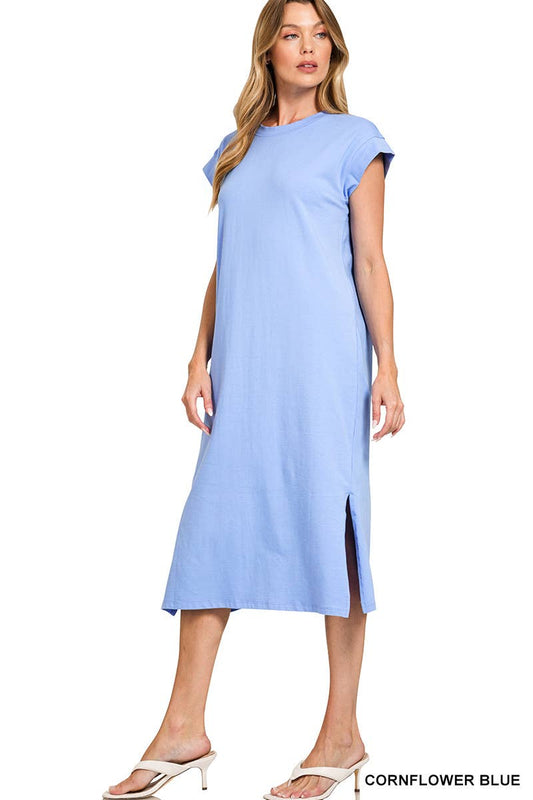Round Neck Short Sleeve Midi Dress: CORNFLOWER BLUE