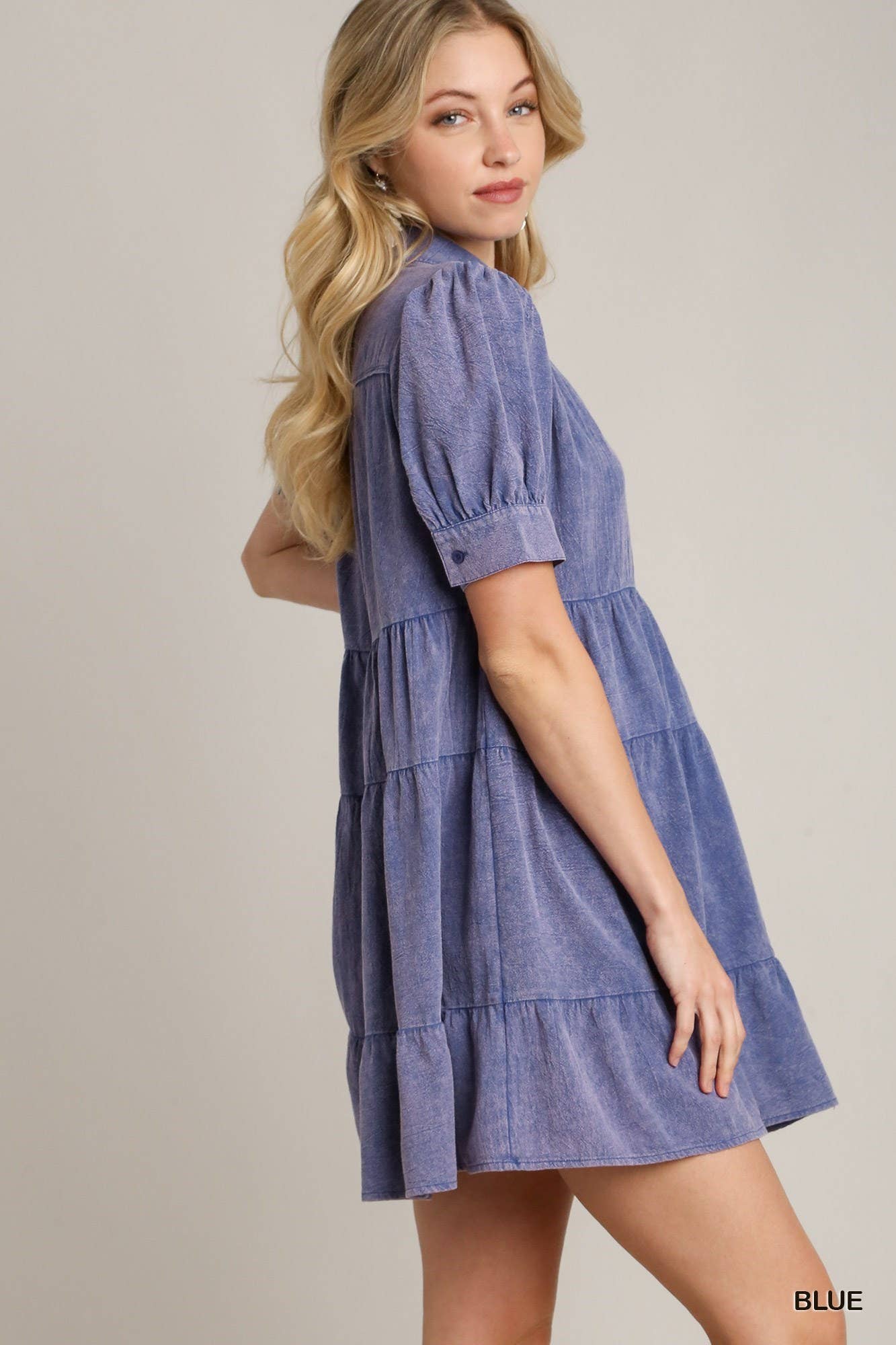 Mineral Wash Cotton Gauze A-line Collared Tiered Dress