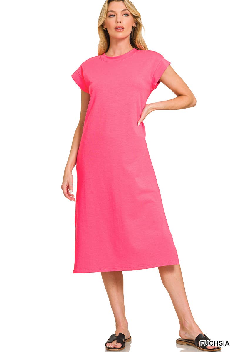 Round Neck Short Sleeve Midi Dress: FUCHSIA