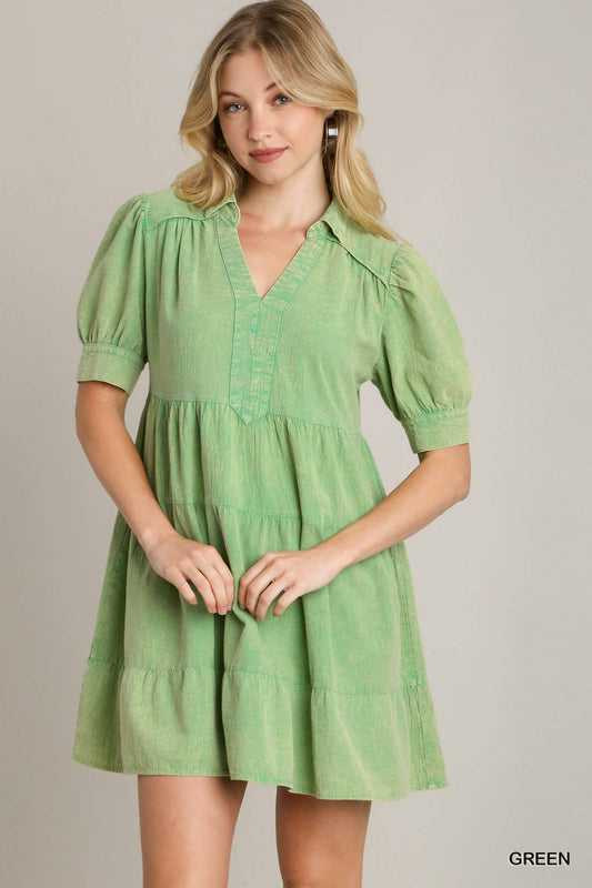 Mineral Wash Cotton Gauze A-line Collared Tiered Dress