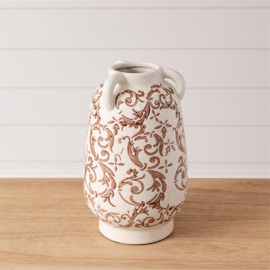 TAN FLORAL VASE, TALL