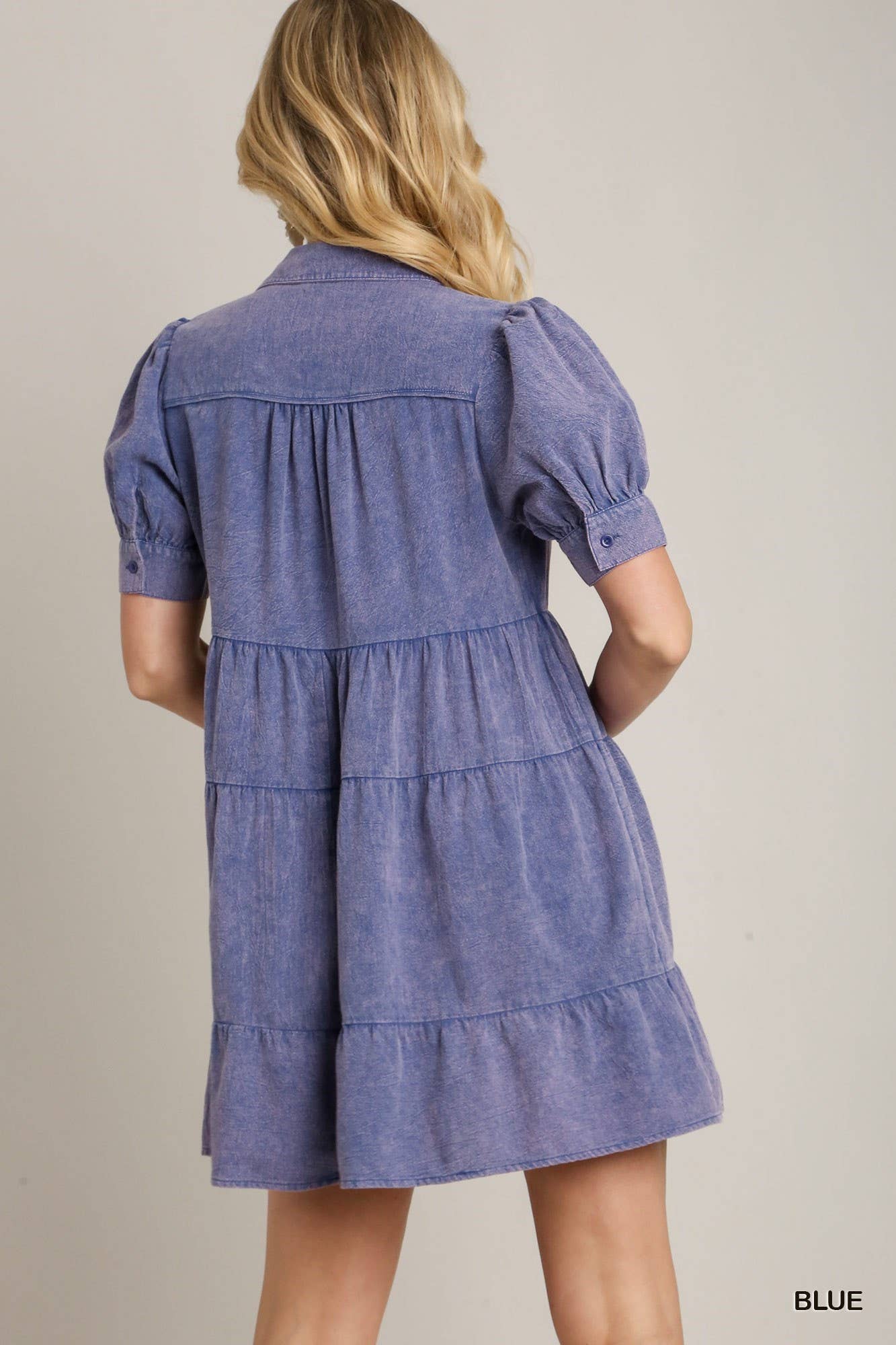 Mineral Wash Cotton Gauze A-line Collared Tiered Dress