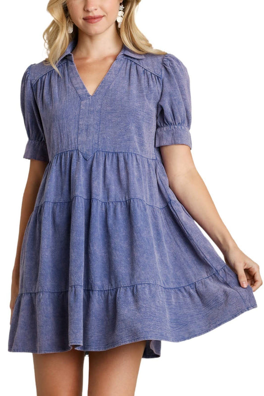 Mineral Wash Cotton Gauze A-line Collared Tiered Dress