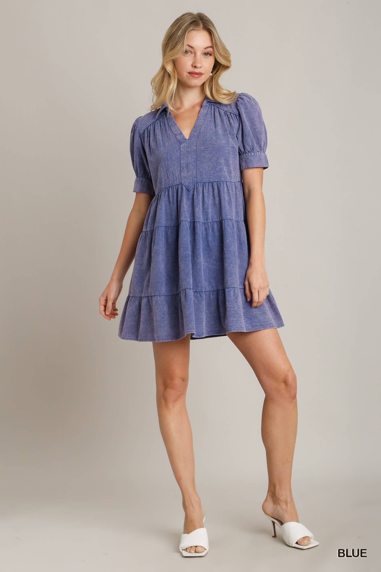 Mineral Wash Cotton Gauze A-line Collared Tiered Dress