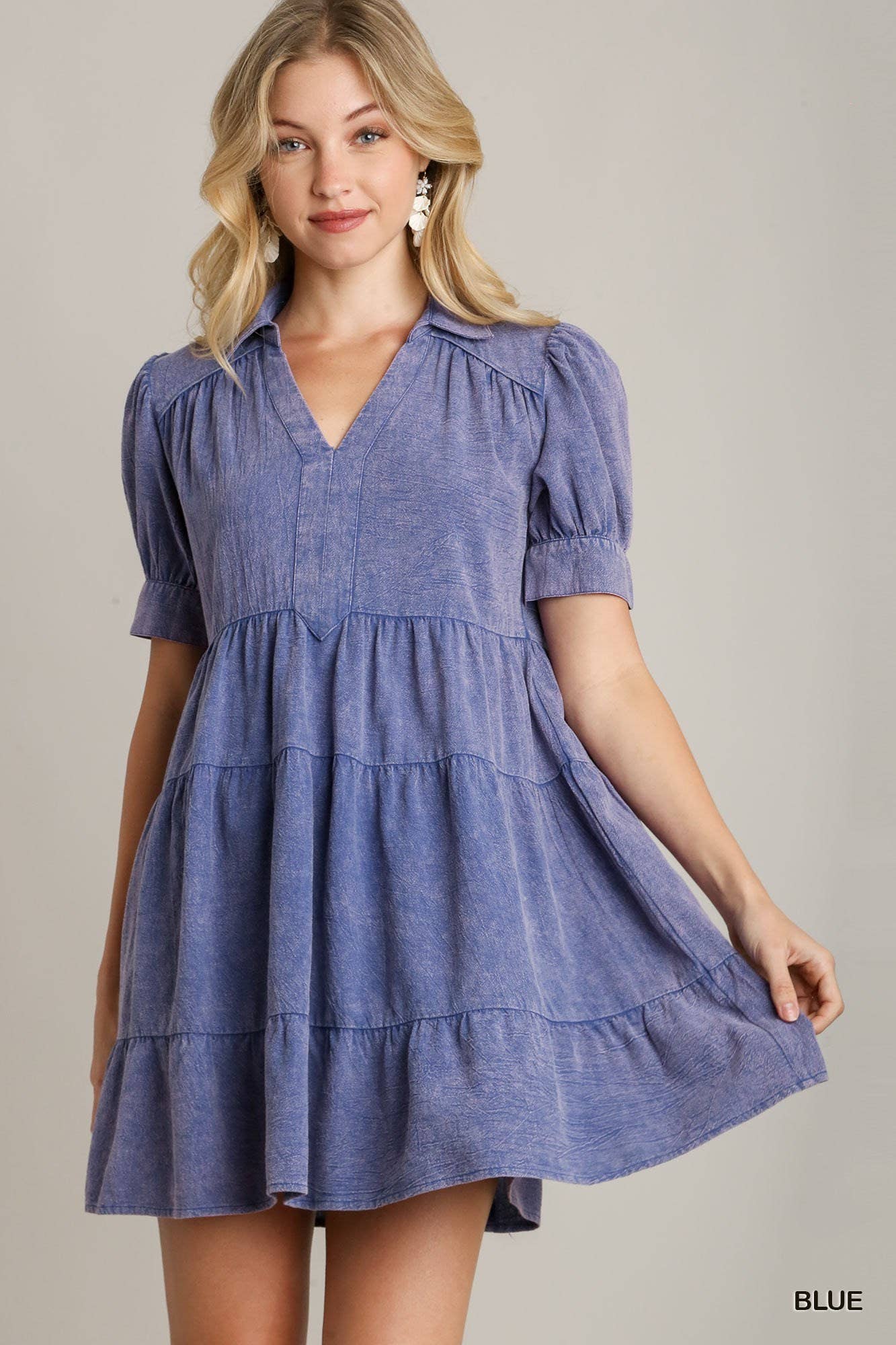 Mineral Wash Cotton Gauze A-line Collared Tiered Dress